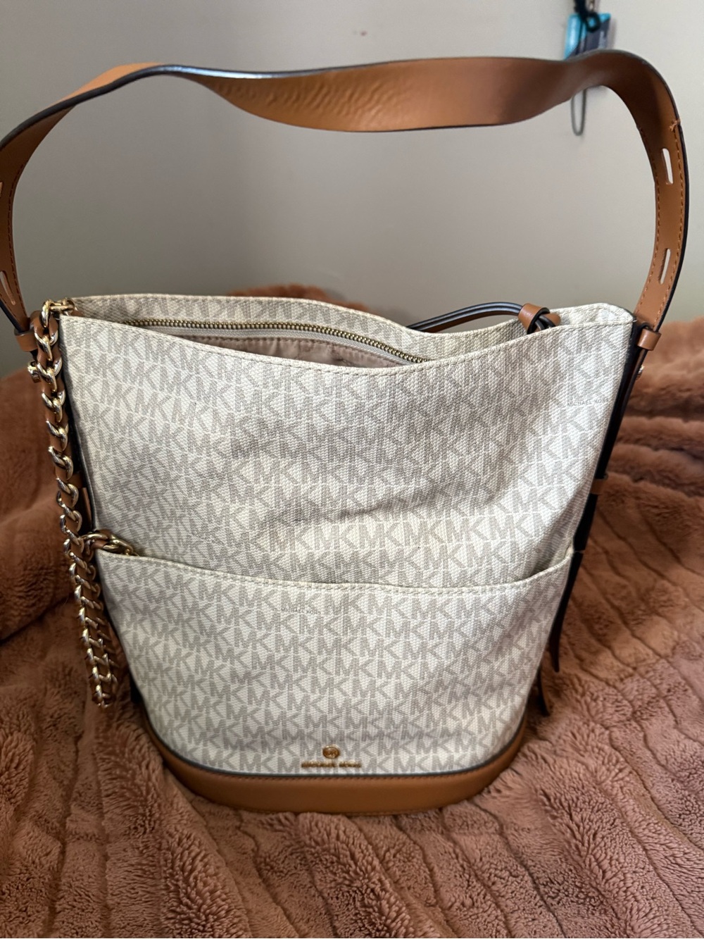 Michael Kors Cream Logo Bucket Shoulder Bag with Brown Trim